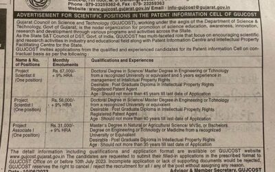 ADVERTISEMENT FOR SCIENCTIFIC POSITION IN THE PATENT INFORMATION CELL OF GUJCOST.DST.GOVT.OF GUJARAT